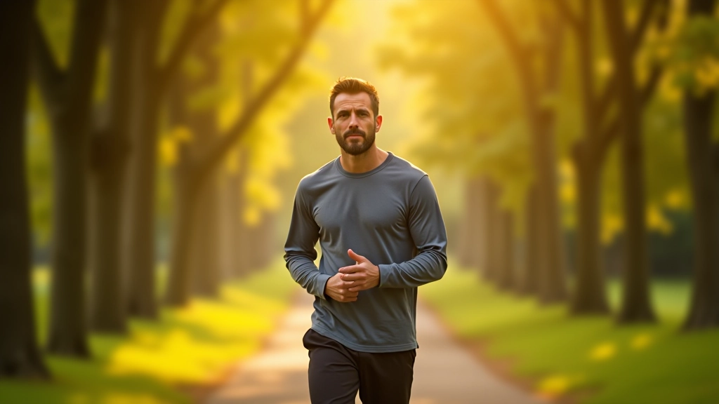 Man wandelt door park met bomen, glimlachend, kalme gezichtsuitdrukking, ochtendlicht