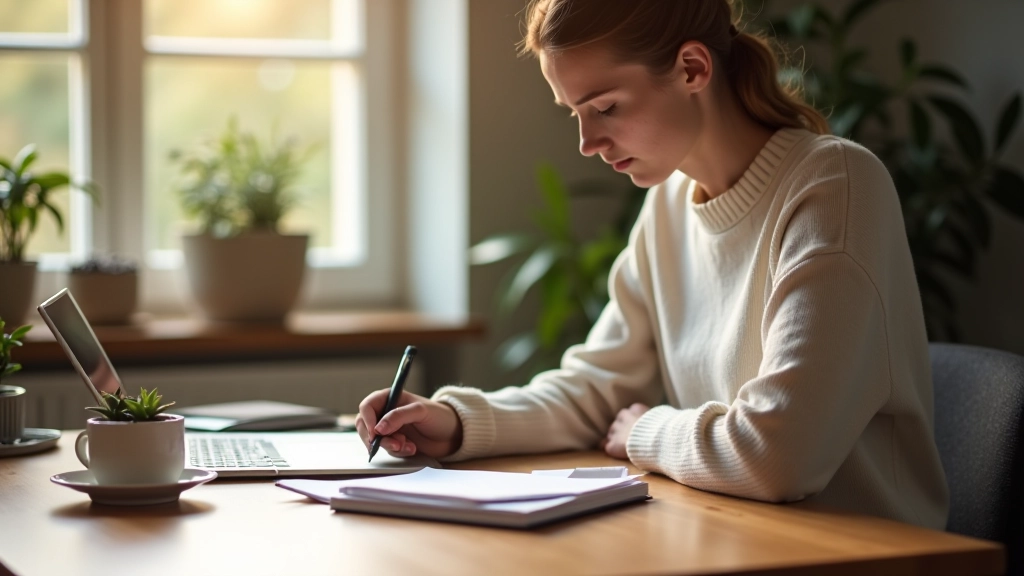 Persoon zittend aan bureau met pen in hand, notitieboek open, zonnig licht van raam, serene werkplek