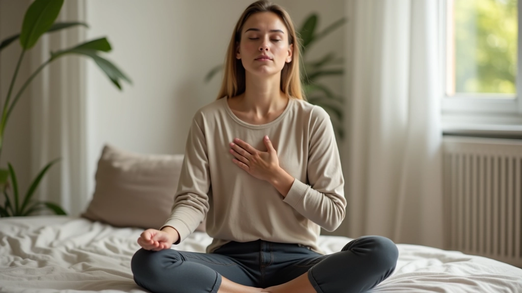 Close-up van persoon in meditatiepositie met rustige gezichtsuitdrukking, hand op borst