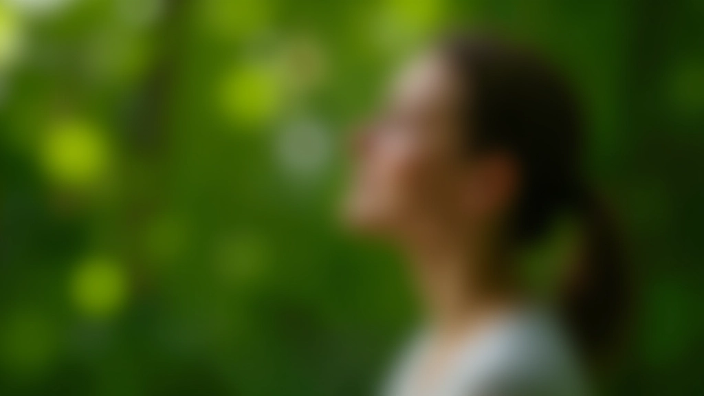 Close-up profiel van persoon die door neus ademt met rustige gezichtsuitdrukking, groen blad op achtergrond