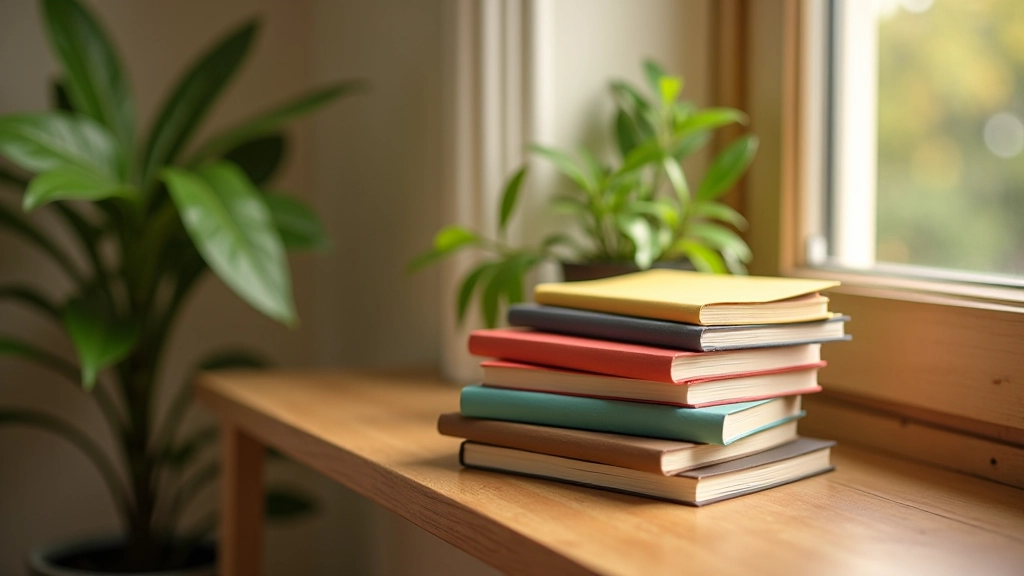 Verschillende notitieboeken op een stapel, kleurrijke covers, gezellige huishoek met planten en warm licht