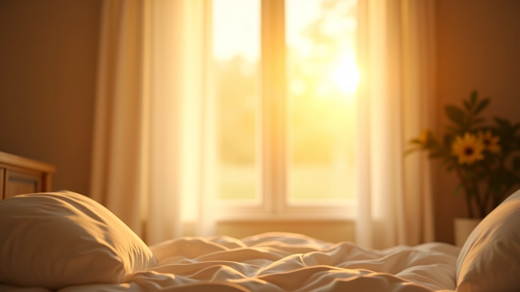 Zonnig raam in slaapkamer met geel ochtendlicht dat naar binnen stroomt, perfect moment voor daglichtblootstelling