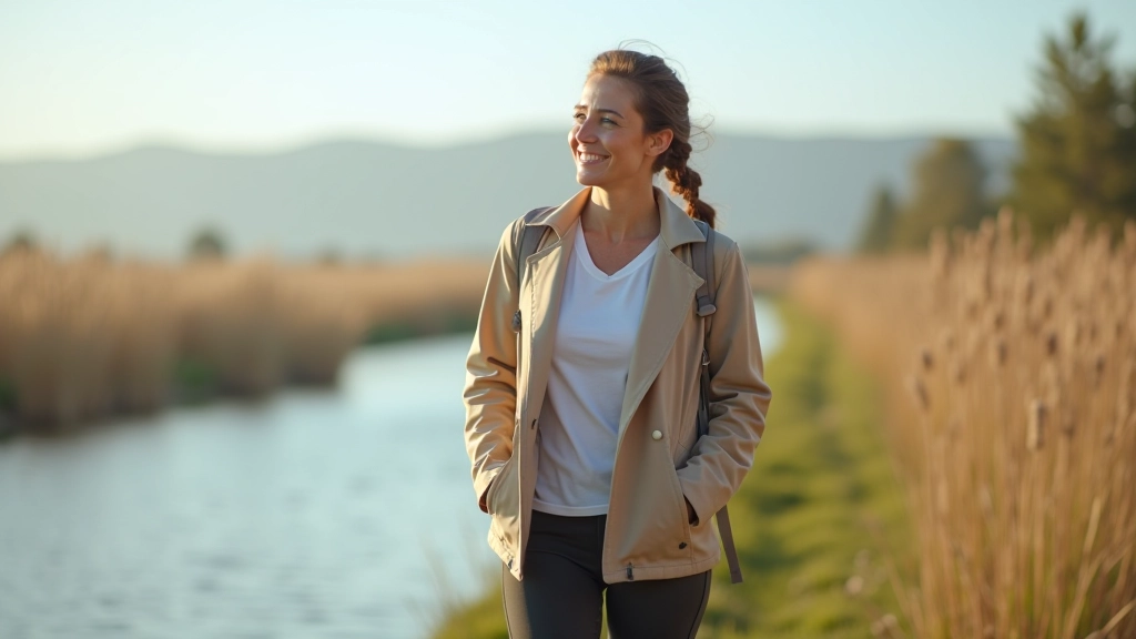Vrouw wandelt langs waterkanaal met riet, zonnig weer, vredige omgeving