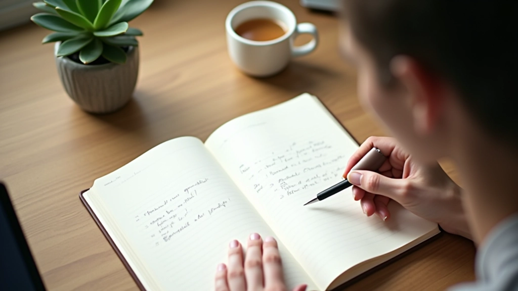 Notitieboek met pen op houten bureau naast kopje thee en plant